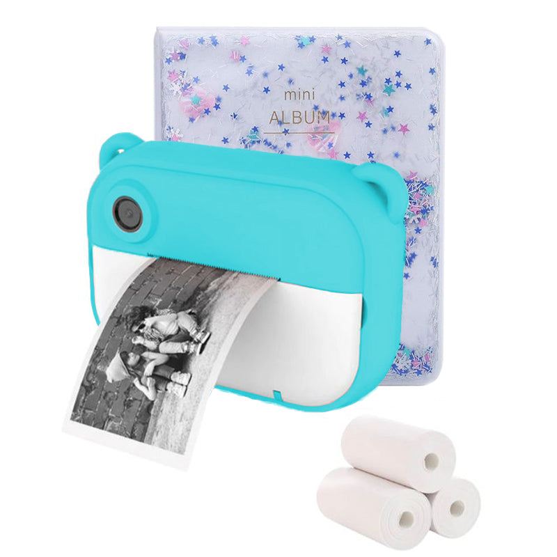 Blue Kid Instant Print Camera printing black and white photo with mini photo album and thermal paper rolls