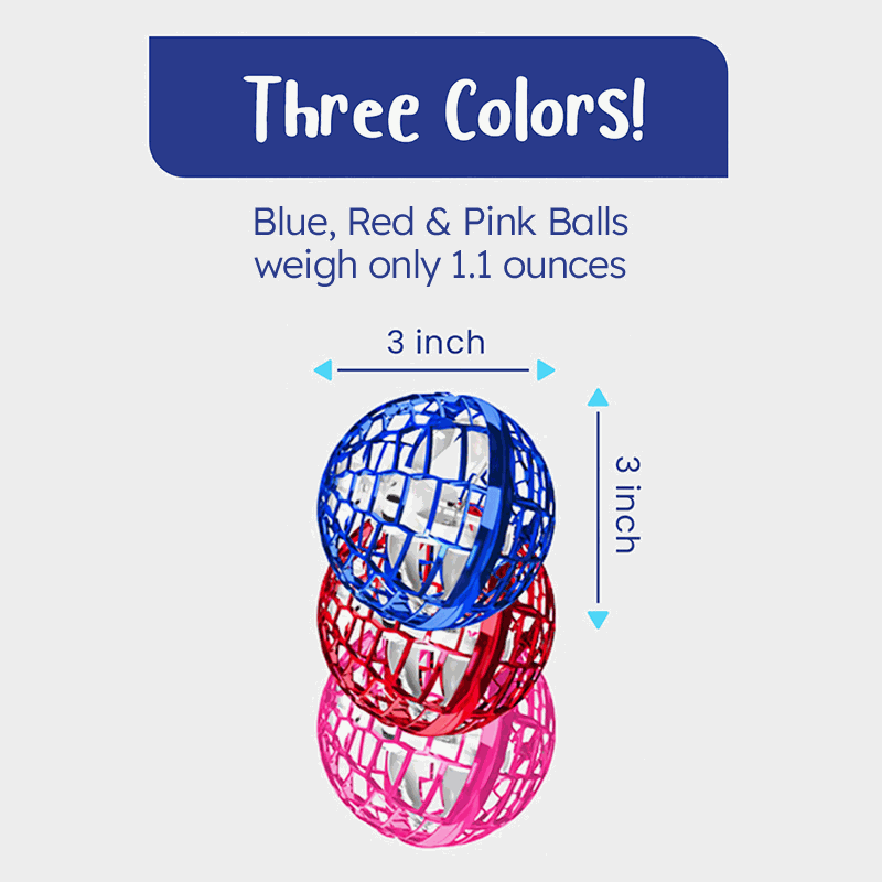 Galaxy Lights Flying Magic Orb in blue, red, and pink colors with 3-inch diameter and lightweight design for kids play.