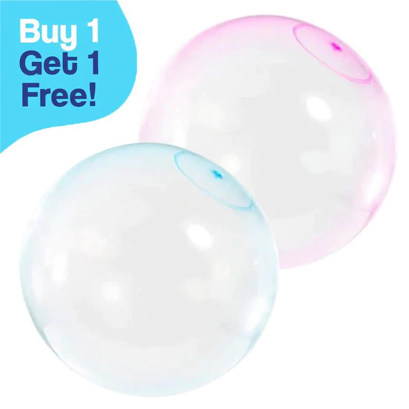 Two transparent Giant Jelly Balloon Balls with pink and blue accents, buy one get one free offer.