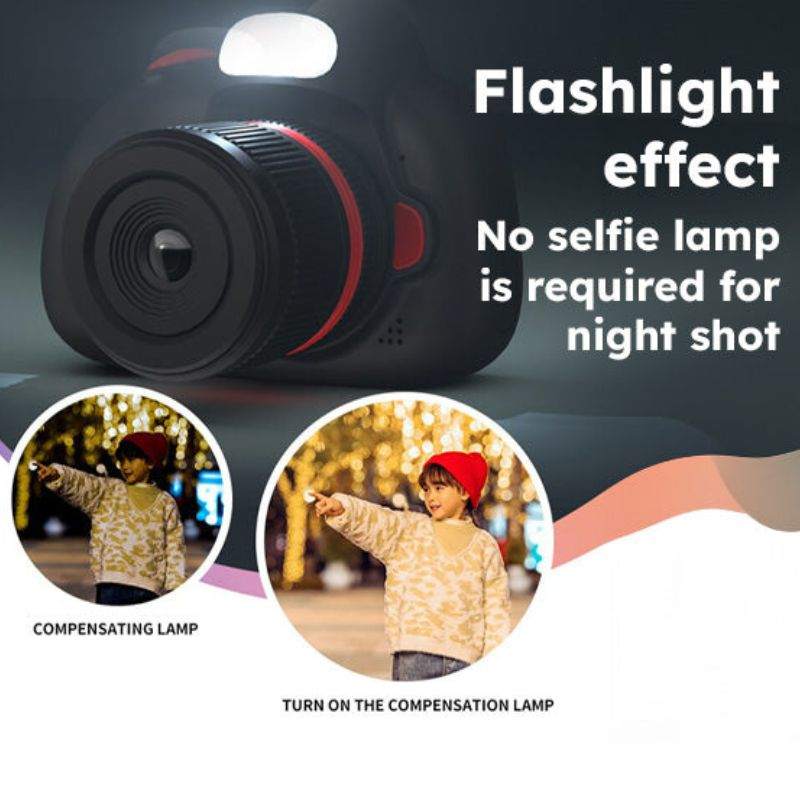 Mini Photographer Digital Camera with built-in flashlight for clear night shots, showcasing before and after images of a child using the compensation lamp.