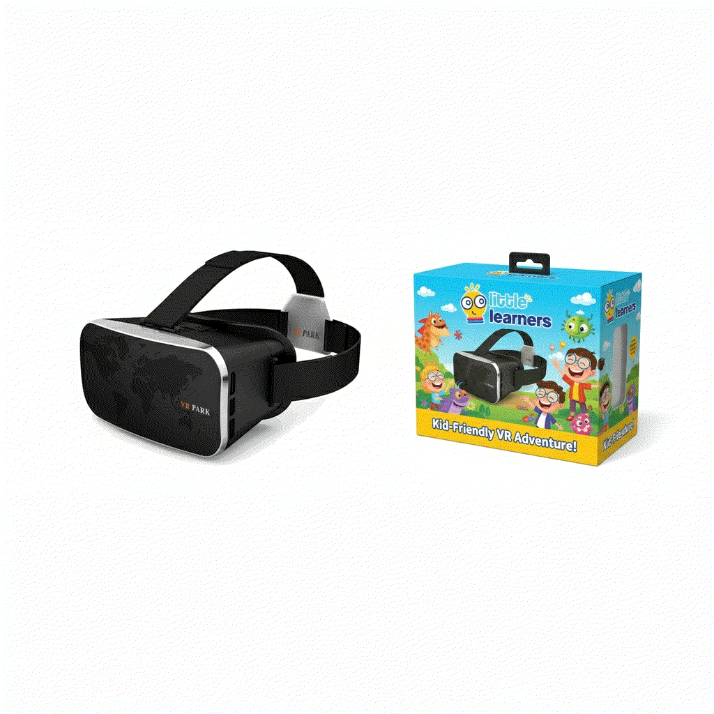 Interactive VR headset for kids with adjustable straps and kid-friendly design alongside colorful packaging for immersive educational play.