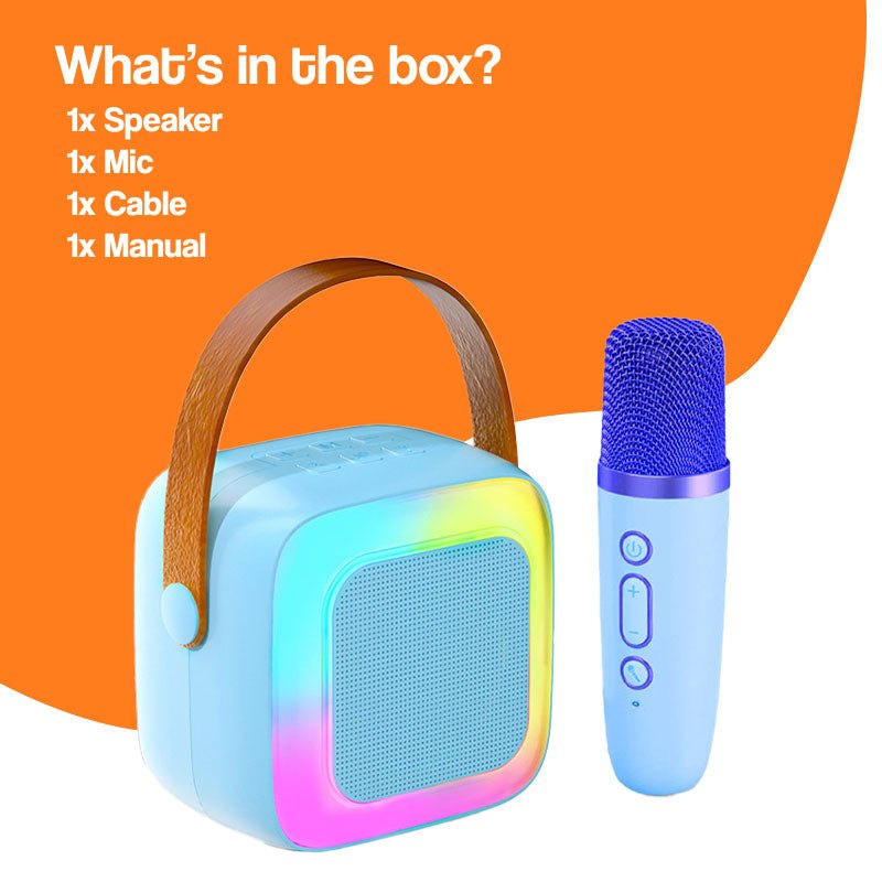 Family Fun Karaoke Machine portable speaker and wireless microphone set with colorful LED lights and brown handle against orange background