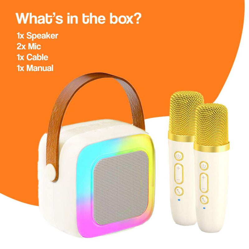 Family Fun Karaoke Machine with speaker, two wireless microphones, and colorful LED lights for kids' entertainment