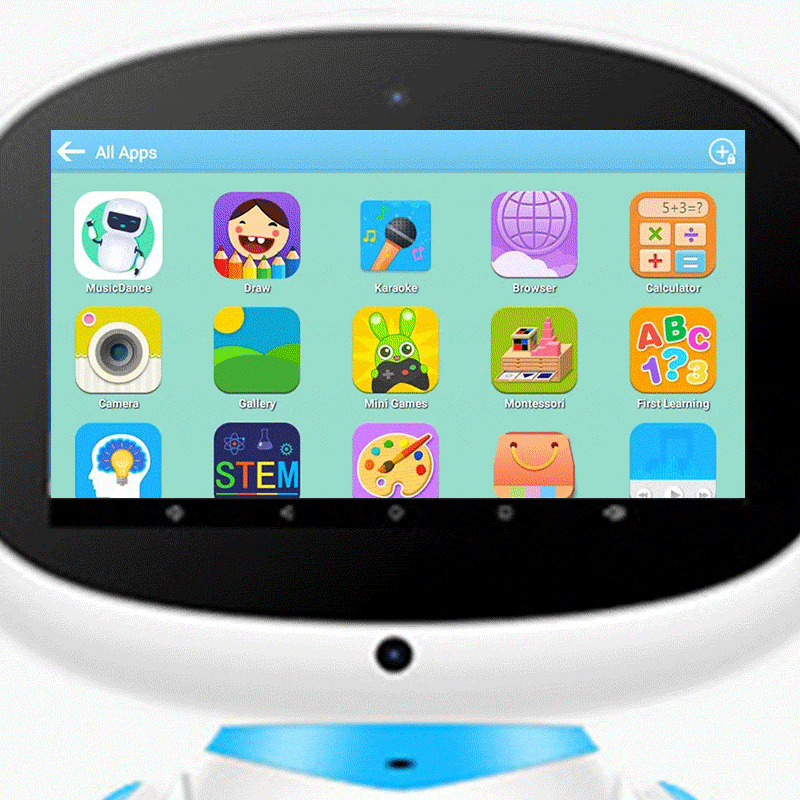 AI-powered STEM learning robot screen with colorful educational app icons for kids