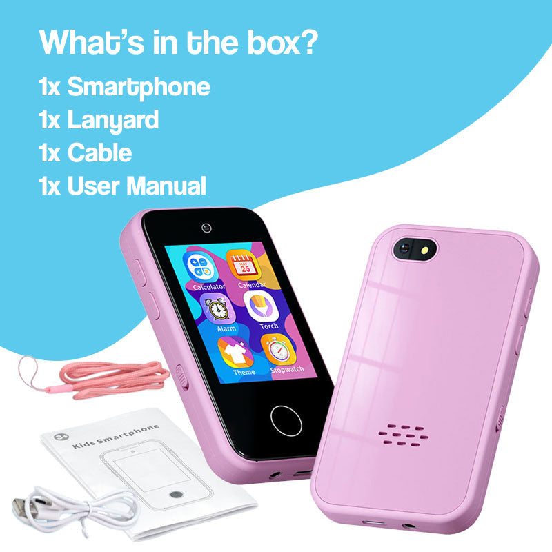 Little Genius Dual Camera kid's smartphone with lanyard, charging cable, and user manual in pink color for ages 3+
