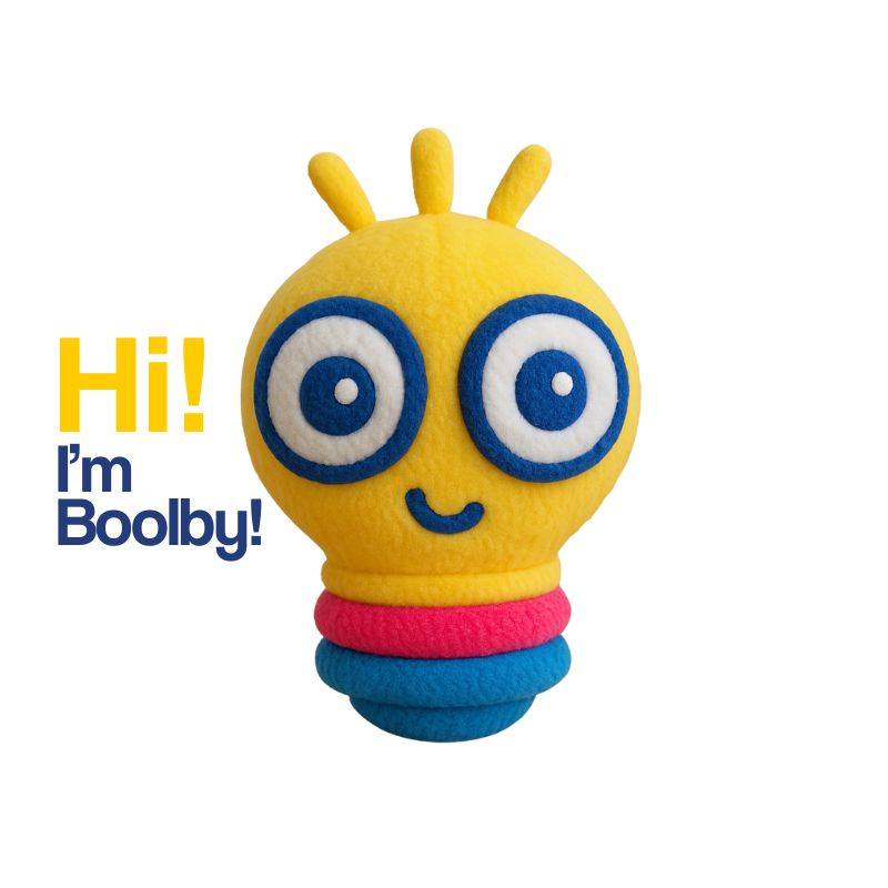 Yellow learning buddy plush toy with big blue eyes and colorful rings, named Boolby.