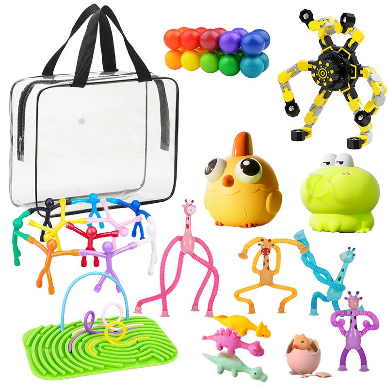 Clear screen-free busy bag with colorful sensory and STEM toys for kids ages 3-8, including magnetic balls, animal figures, and a sensory board.