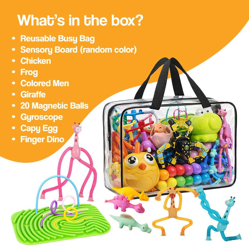 Clear reusable busy bag filled with screen-free toys including sensory board, chicken, frog, colored men, giraffe, magnetic balls, gyroscope, capy egg, and finger dino for kids ages 3-8