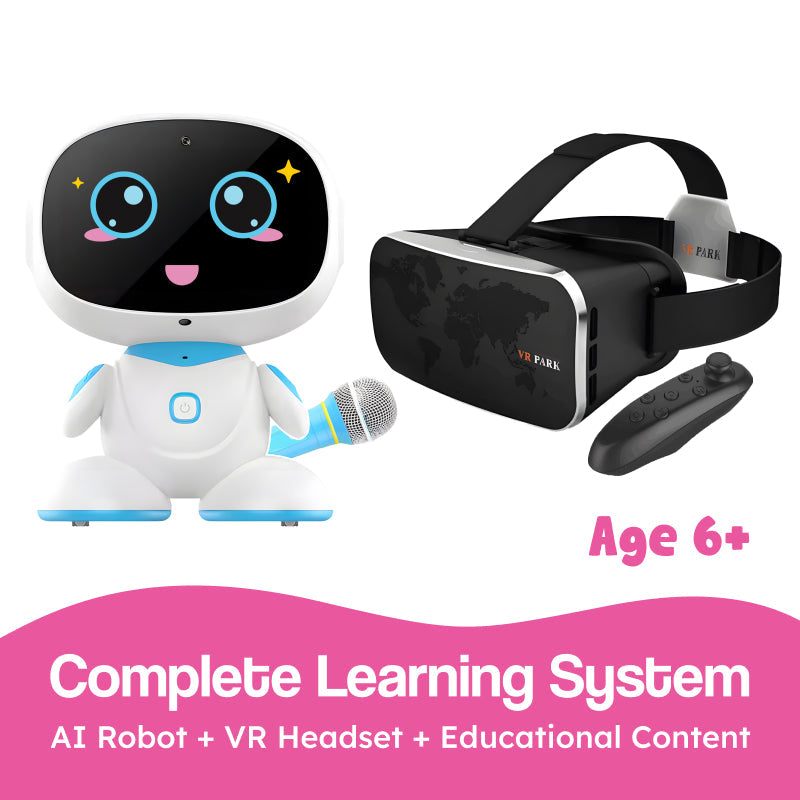 AI and VR learning set with interactive robot, VR headset, and remote for kids age 6+
