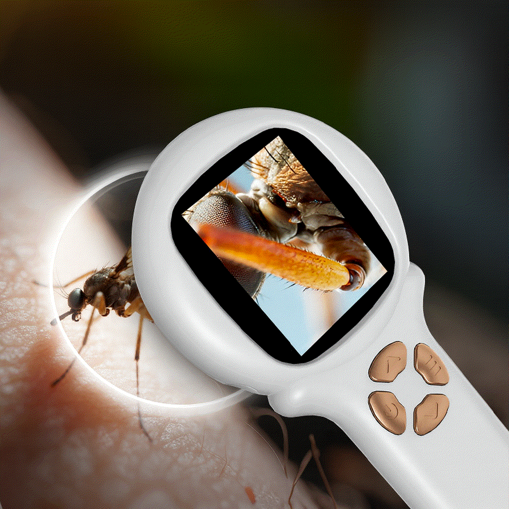 Handheld microscope for children showing a detailed magnified insect on screen with easy-to-use controls.