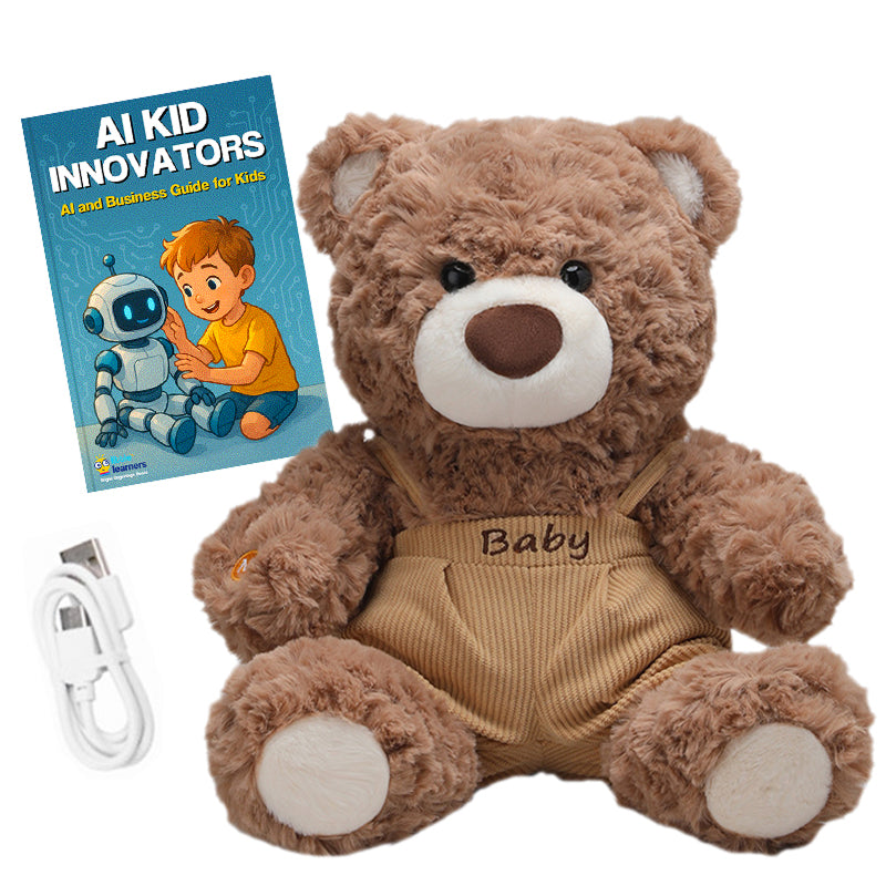 Mama & Papa Bear AI-powered plushie with USB cable and children's AI guide book, soft brown teddy bear with suspenders named Baby, interactive voice storyteller and companion for kids.