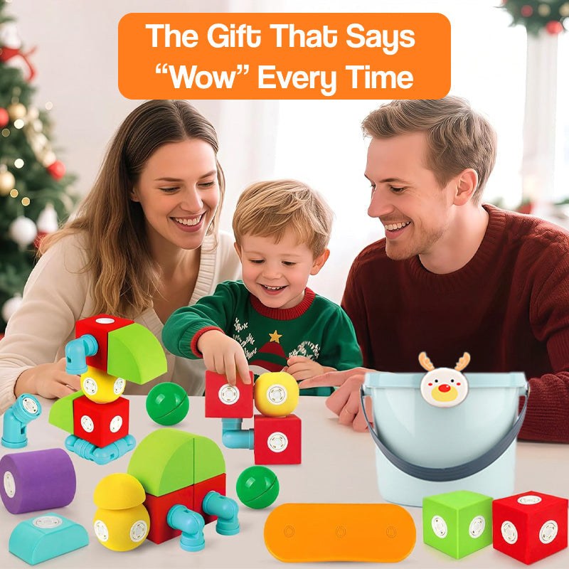 Soft Magnetic STEM Building Blocks set with child-safe EVA foam and strong magnets, ideal for toddlers' creative play.