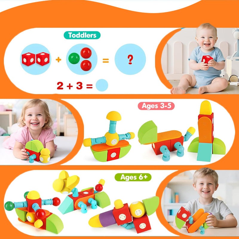 Soft magnetic STEM building blocks for toddlers and kids ages 3 to 6+, featuring colorful, oversized, and safe EVA foam pieces with magnets for creative play and learning.