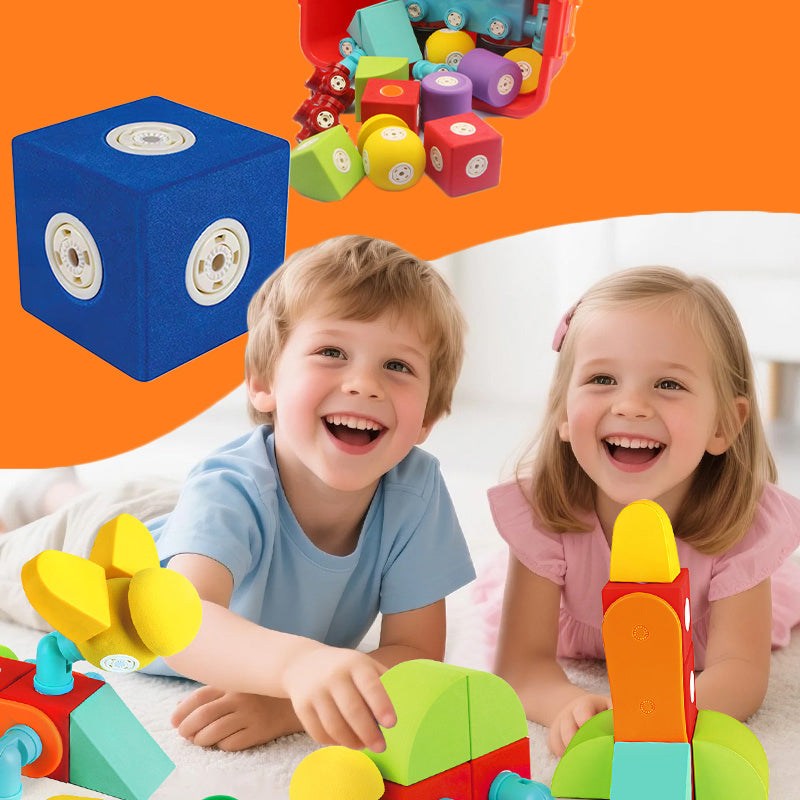 Children playing with colorful soft magnetic STEM building blocks designed for safe, creative play.