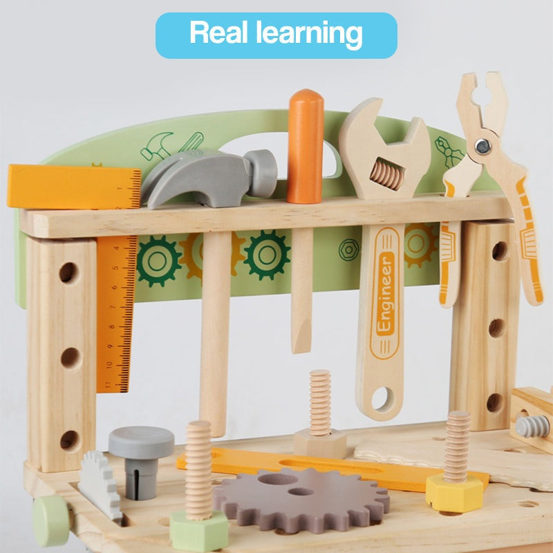 Daddy's Buddy STEM Wooden Workbench with wooden tools and working gears for kids ages 3+ learning hands-on STEM skills.