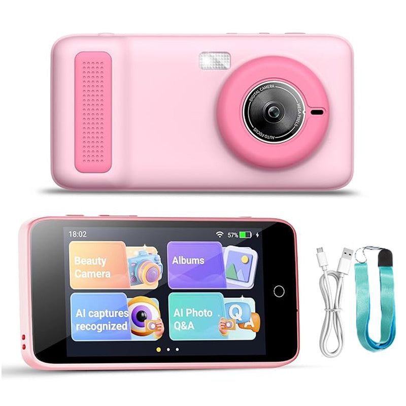 Pink ChatGPT powered smartphone for kids with dual camera, AI learning features, touchscreen, USB cable, and neck lanyard.