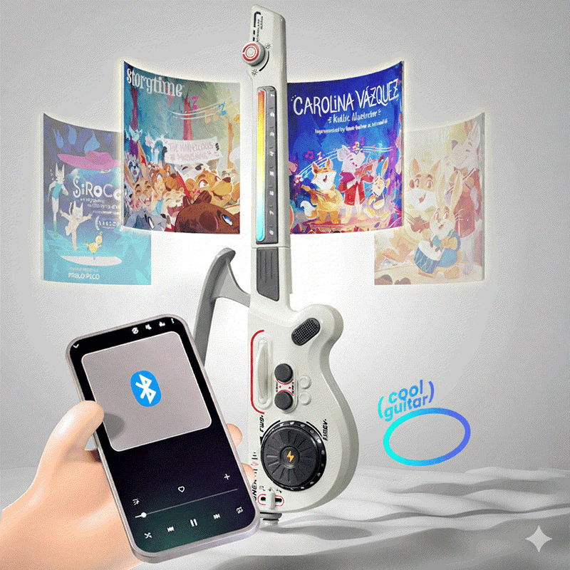 Multifunctional Bluetooth DJ Guitar for kids, smart stringless design, interactive lighting and portable foldable ABS guitar.
