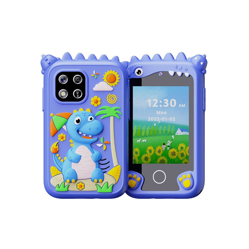 Kids mobile phone camera with 12MP, touch screen, games, and durable silicone case in blue dinosaur design