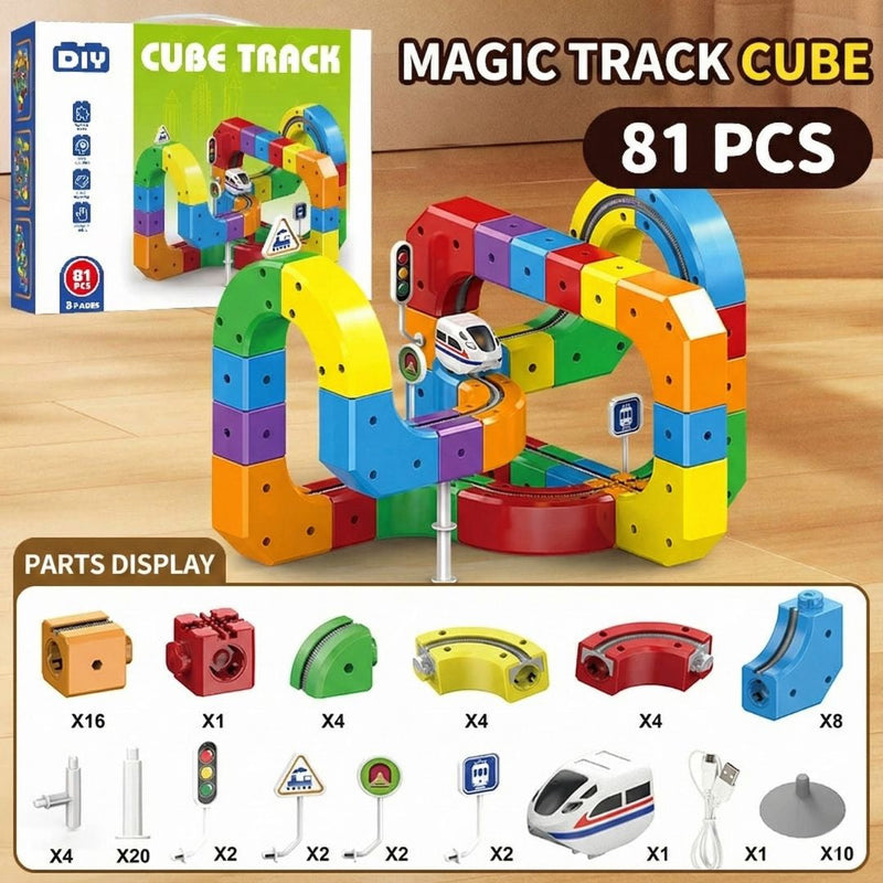 Colorful magnetic building blocks cube track set with 81 pieces for kids' creative play and assembly.