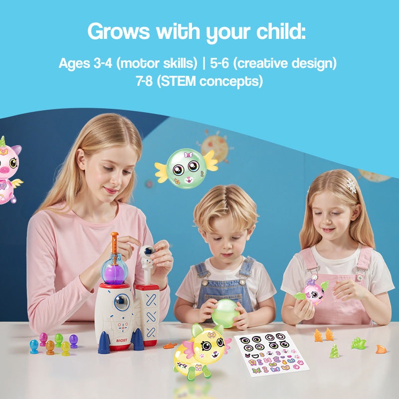Children playing with Magic PopKit reusable balloon toy creating magical creatures with stickers and accessories