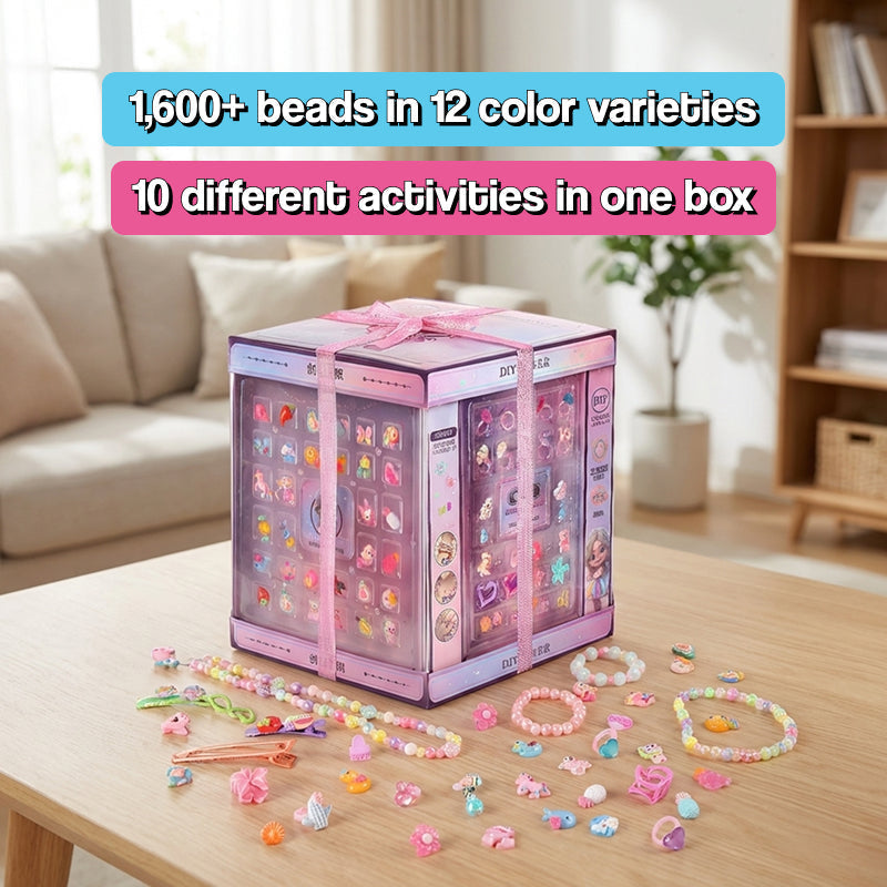 My Little Royalty Jewelry gift box with holographic design, ribbon, and bead compartments for creative jewelry making.