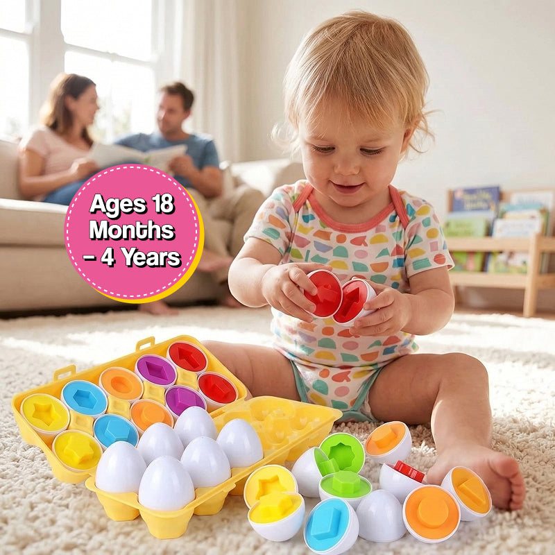 Montessori shape and color matching eggs toy with 12 colorful matching pairs in reusable carton for toddlers 18 months+