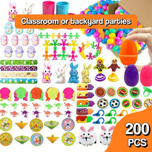 Colorful pre-filled Easter eggs with toys inside ready for an Easter egg hunt
