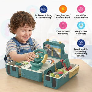 2-in-1 Driver & Builder Workshop Bus toy with transformable bus and mechanic's workshop interior