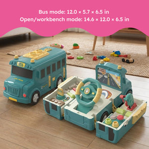2-in-1 Driver & Builder Workshop Bus toy with fold-out mechanic workshop and interactive tools for kids ages 3+