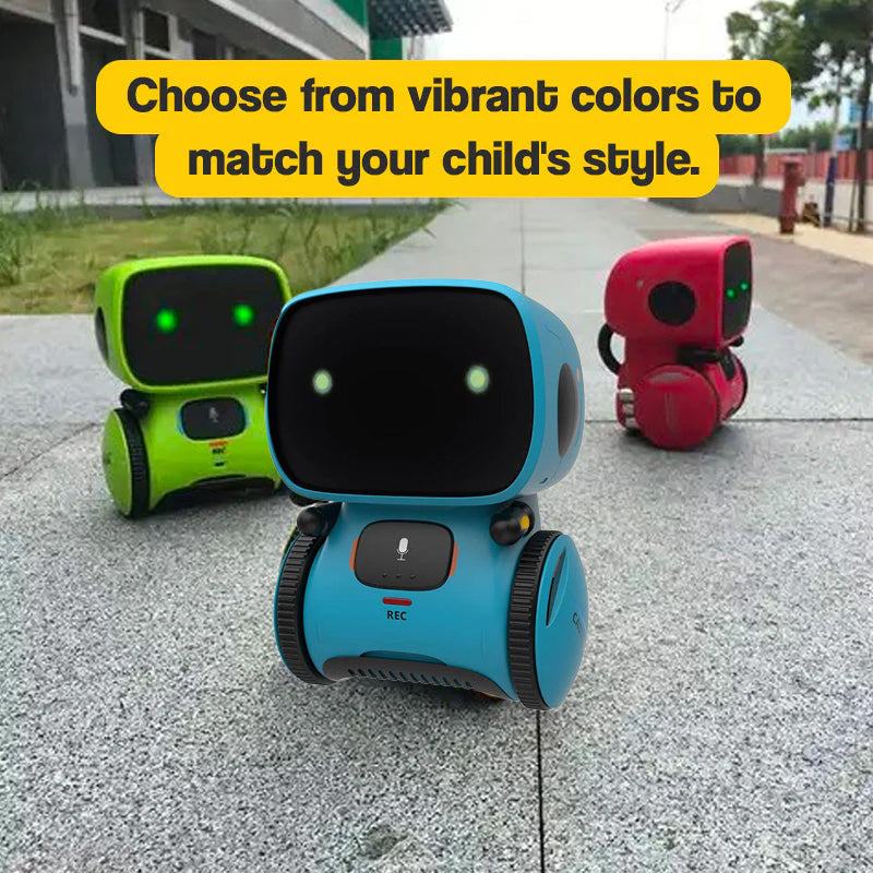 Robby the Robot interactive toy in blue, red, and green colors for kids with voice recognition and educational games