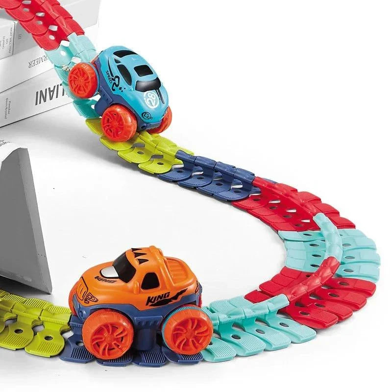 Colorful flexible Anti-Gravity Race Track with LED racing cars on a curved looped track piece set