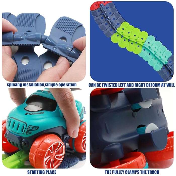 Flexible colorful anti-gravity race track pieces with LED cars snapping together for creative racing loops and stunts.