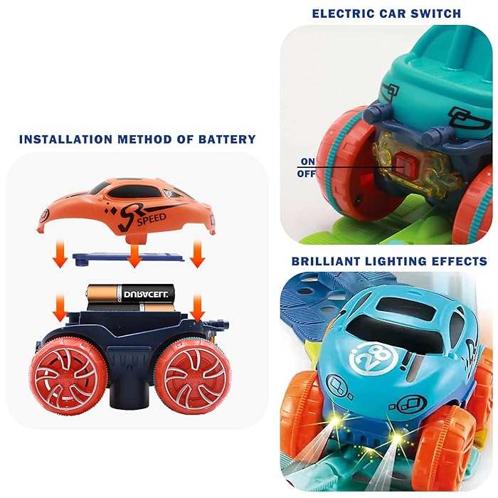 Blue LED-lit toy car with red wheels demonstrating battery installation and electric switch for anti-gravity race track toy