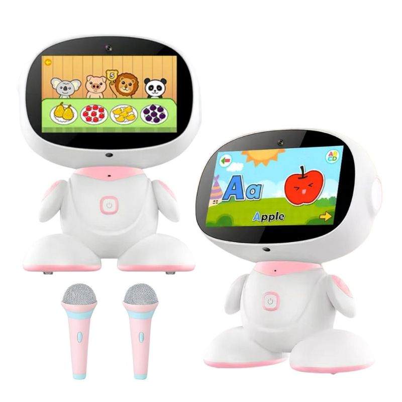 AI-powered STEM learning robot with interactive screen and two microphones for kids educational play
