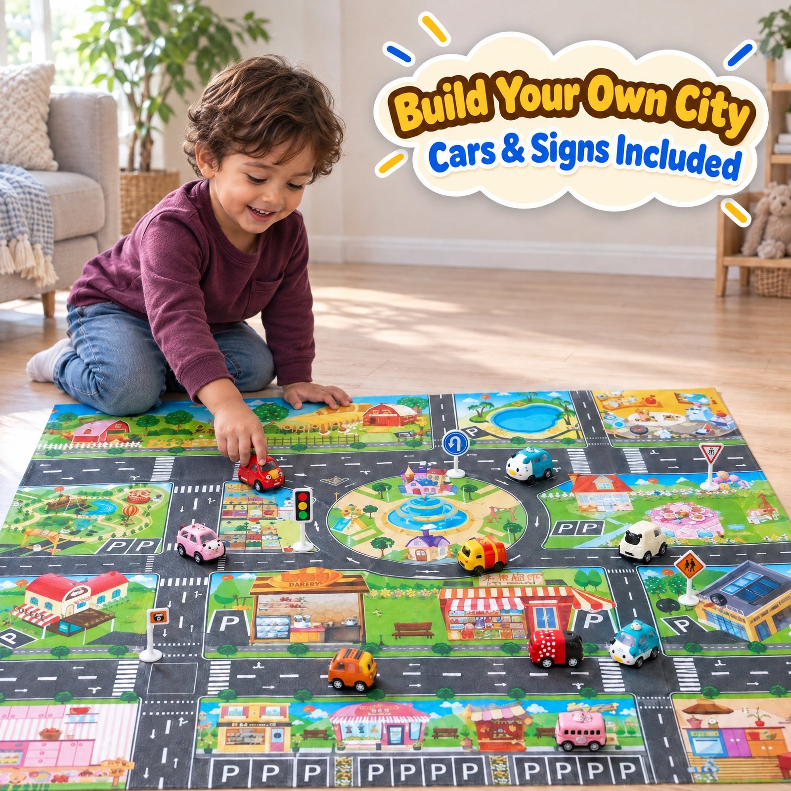 Montessori City Map with Detachable Car Toys