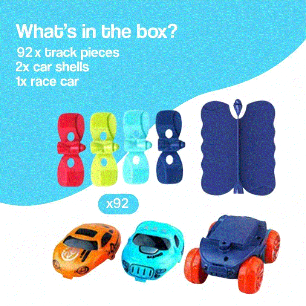 FlexiLoop LED Anti Gravity Racing Track set with 92 colorful track pieces, 2 car shells, and 1 race car.