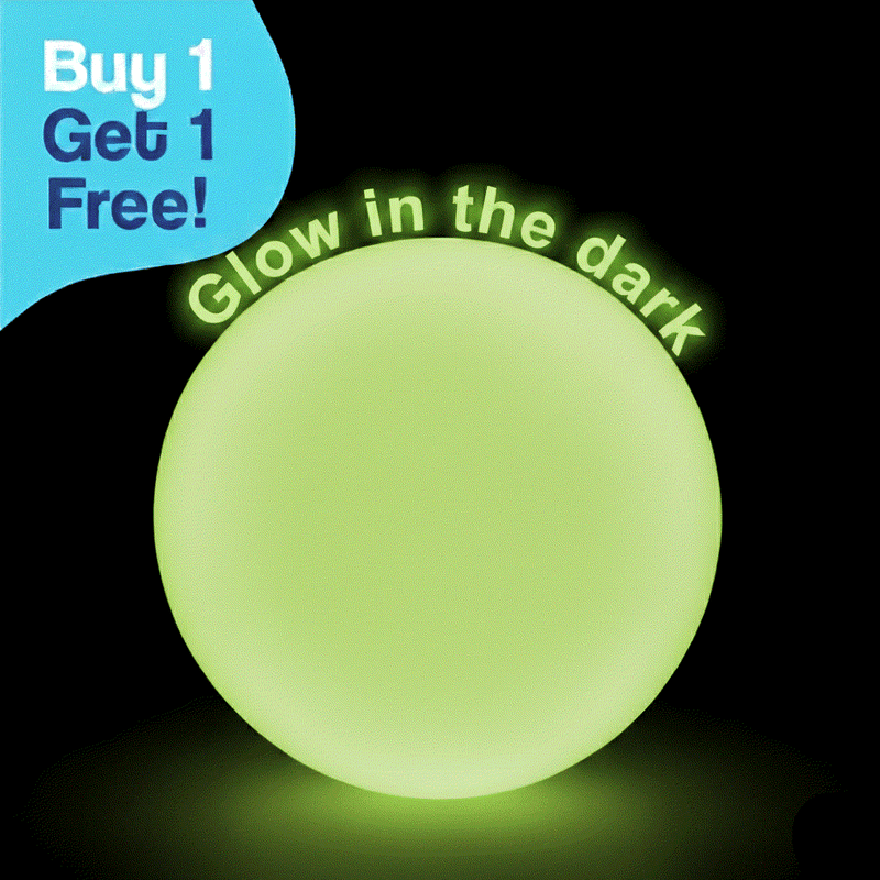 Giant Jelly Balloon Ball glowing green in the dark with Buy 1 Get 1 Free offer for outdoor and indoor fun