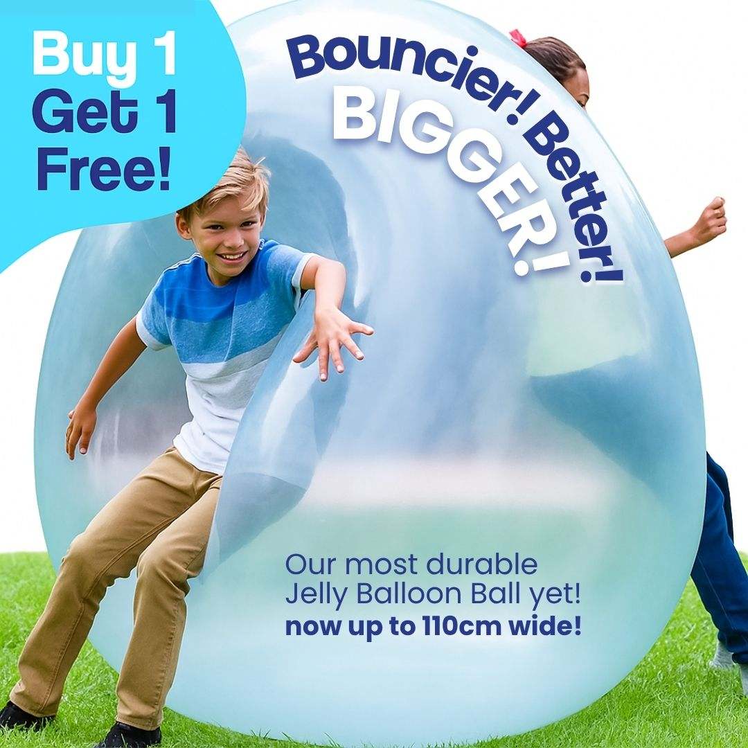 Children playing outdoors inside large transparent Giant Jelly Balloon Ball promoting active fun and cooperative play with buy one get one free offer