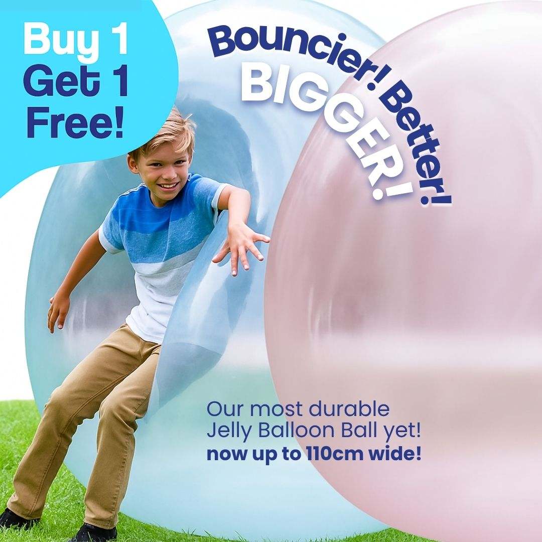 Child playing with giant jelly balloon ball outdoors, inflatable, bouncy, durable toy for active fun, buy one get one free promotion