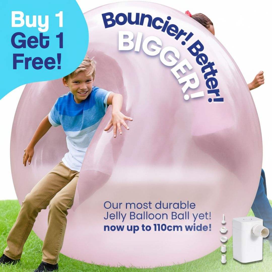 Kids playing with giant pink inflatable Jelly Balloon Ball outdoors, buy one get one free offer, bouncier and bigger design up to 110cm wide, durable interactive outdoor toy