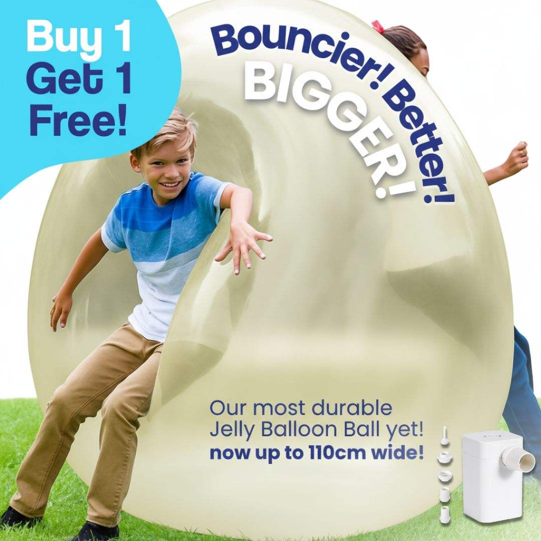 Kids playing with large beige Giant Jelly Balloon Ball outdoor inflatable toy with pump, buy one get one free promotion