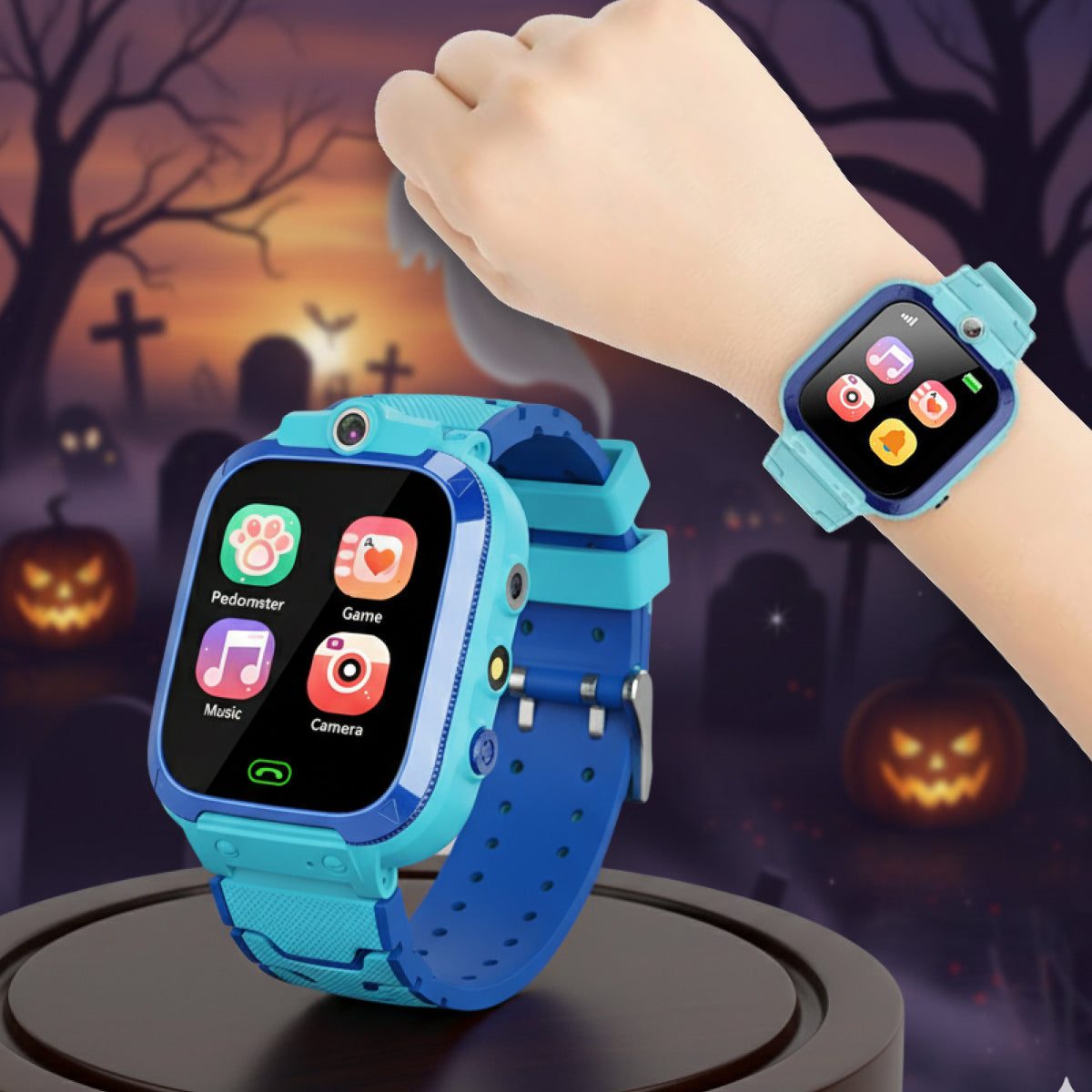 Kids multi-purpose smartwatch in blue with pedometer, games, music, and camera, Halloween-themed background