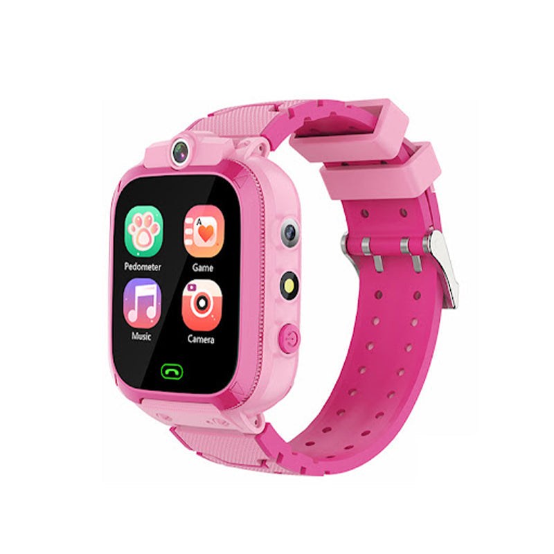Pink kids multi-purpose smartwatch with pedometer, games, music, and camera functions on display