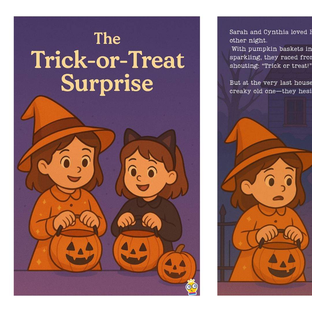 Illustration of two children in Halloween costumes holding pumpkin buckets from Little Learners Spooky Stories ebook The Trick-or-Treat Surprise
