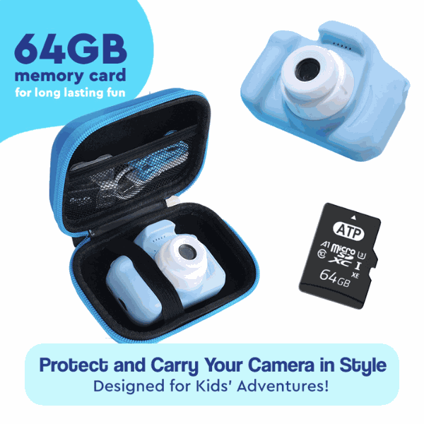 LittleLens Kids Camera in blue with protective case and 64GB memory card for kids' creative photography and outdoor fun