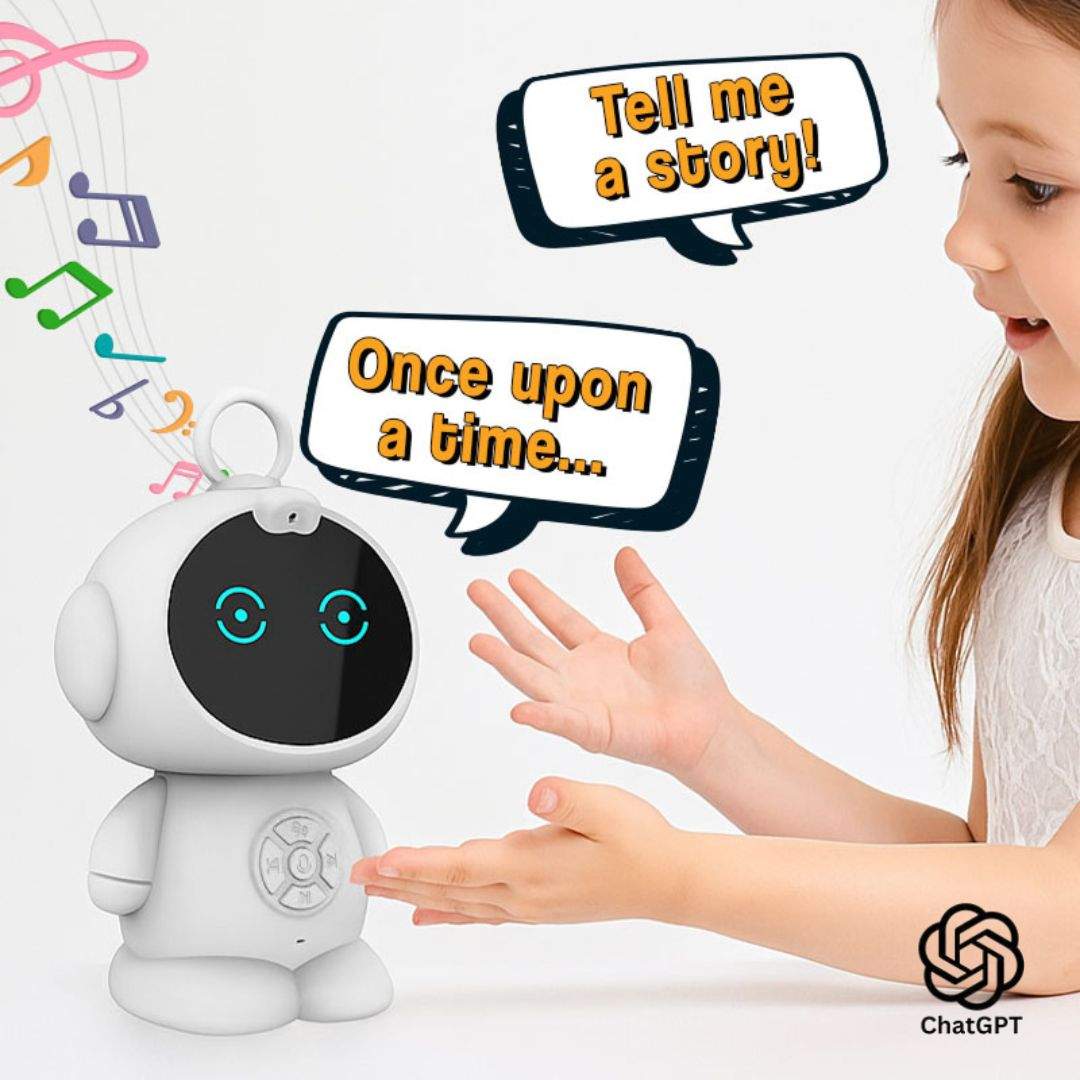 Child interacting with TalkTime Mini AI Learning Robot that tells stories and responds via voice recognition.