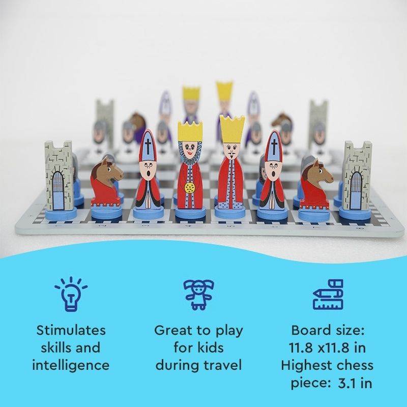 Educational wooden cartoon chess set for kids with colorful, durable pieces on travel-friendly board